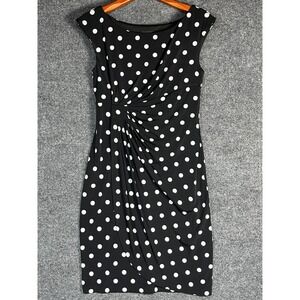 Connected Apparel Black White Polka Dot Twist Front Knee Length Dress Women's 8P